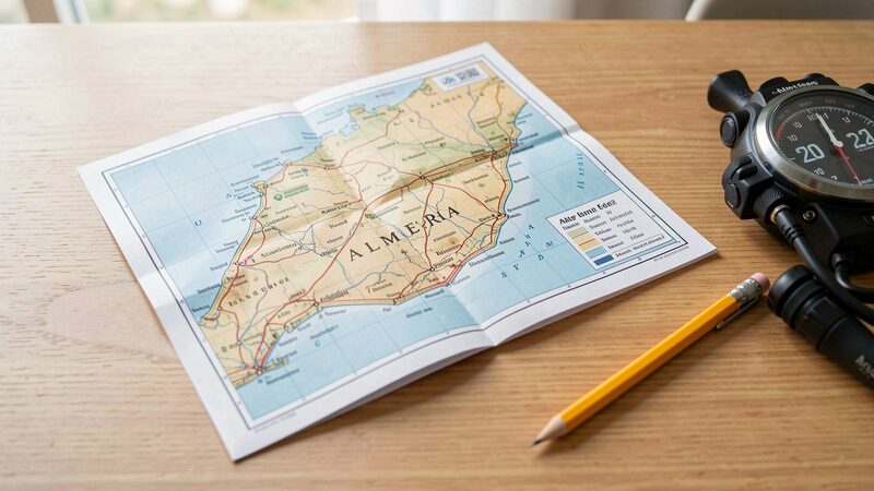 Carta nautica de la costa de Almeria extendida sobre una mesa de madera junto a un lapiz y un ordenador de buceo