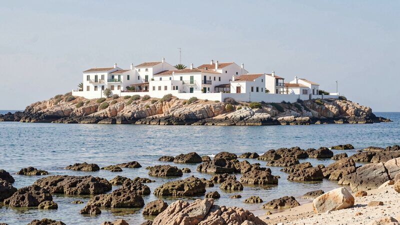 Vista frontal de una calle estrecha del casco antiguo de Sitges al atardecer, con fachadas encaladas y macetas en los balcones, luz calida rasante y encuadre vertical que deja ver el mar al fondo entre dos edificios