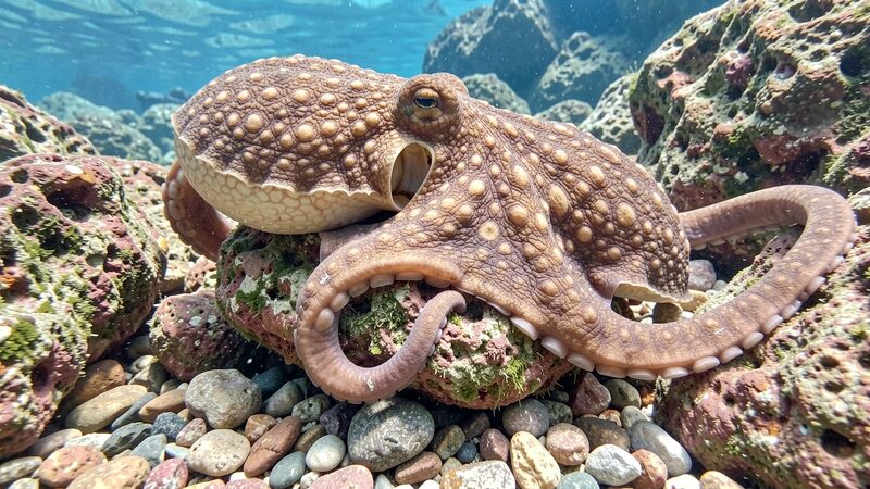 Pulpo comun sobre un fondo rocoso mediterraneo entre piedras pequenas con un brazo curvado sobre una roca