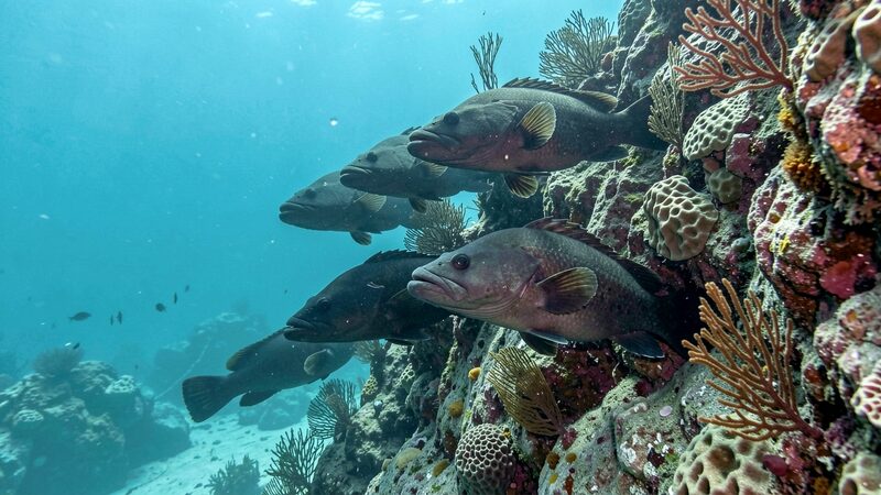 Grupo de meros de gran tamano junto a una cresta rocosa sumergida con abanicos de gorgonia y esponjas